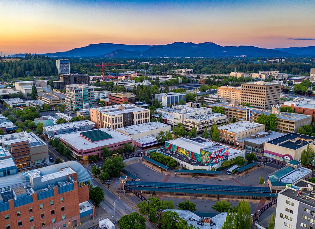 Contact - Aerial View of Eugene, Oregon During a Beautiful Sunrise